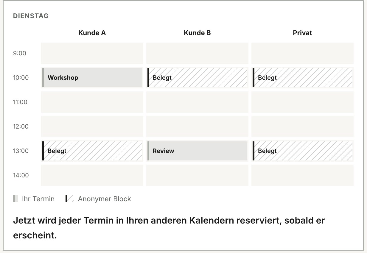 Kalenderansicht für einen Dienstag mit drei Spalten, in denen Termine als graue Felder und belegte Zeiten als schraffierte Blöcke zu sehen sind