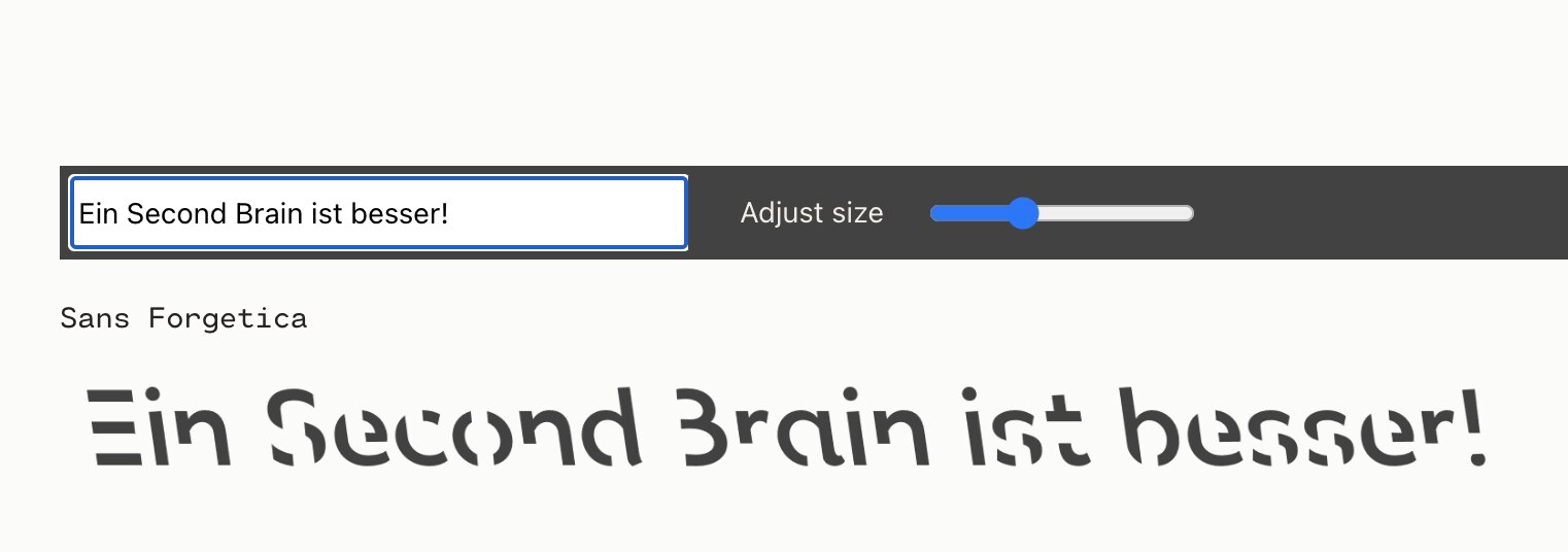 Der Satz Ein Second Brain ist besser in der Schrift Sans Forgetica, in den Buchstaben fehlen Stücke