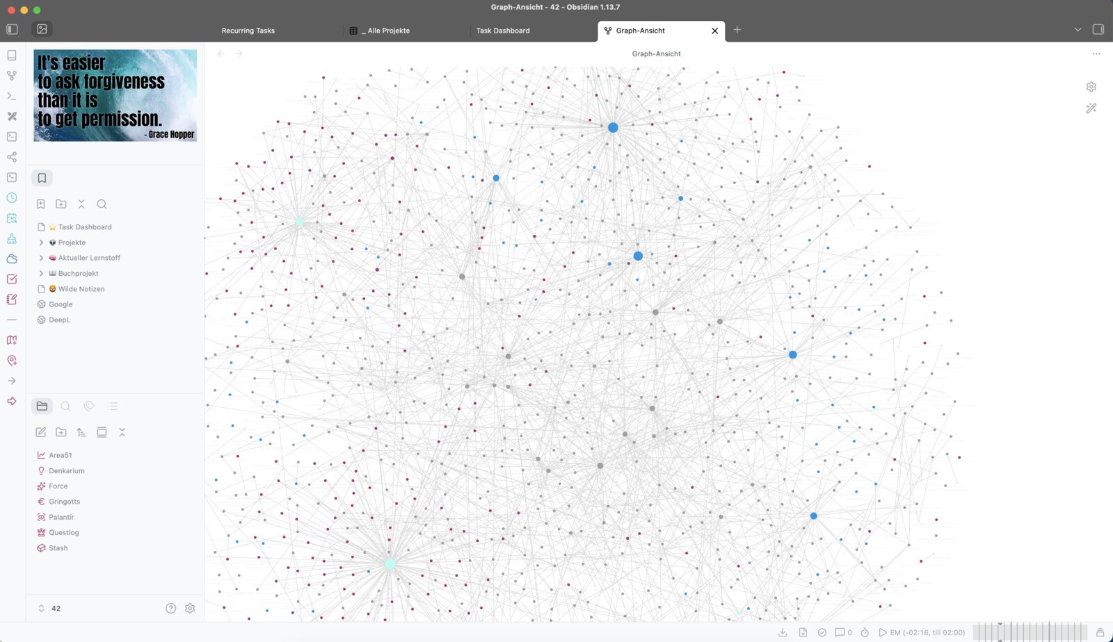 Obsidian in graph view: a dense network of dots and lines, with the folder list on the left