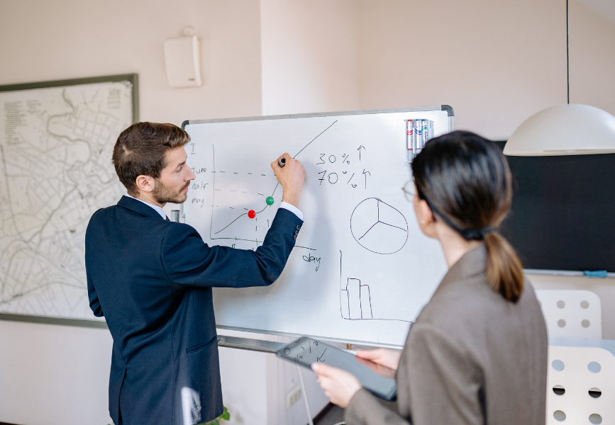 Mann schreibt etwas auf ein Whiteboard, Frau steht zurückhaltend daneben - Sinnbild für psychologische Sicherheit zerstören